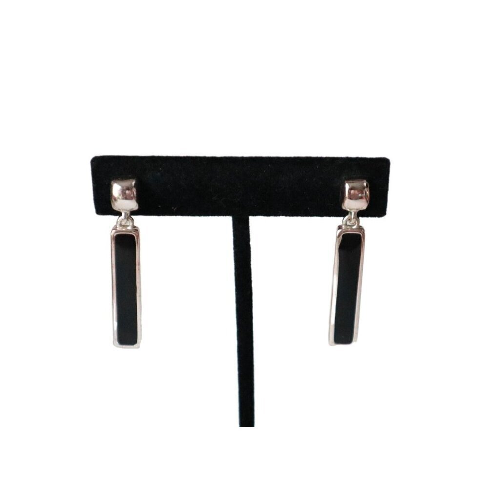 Vintage Pierced Earrings Dangle Black Onyx with Silver Toned Metal